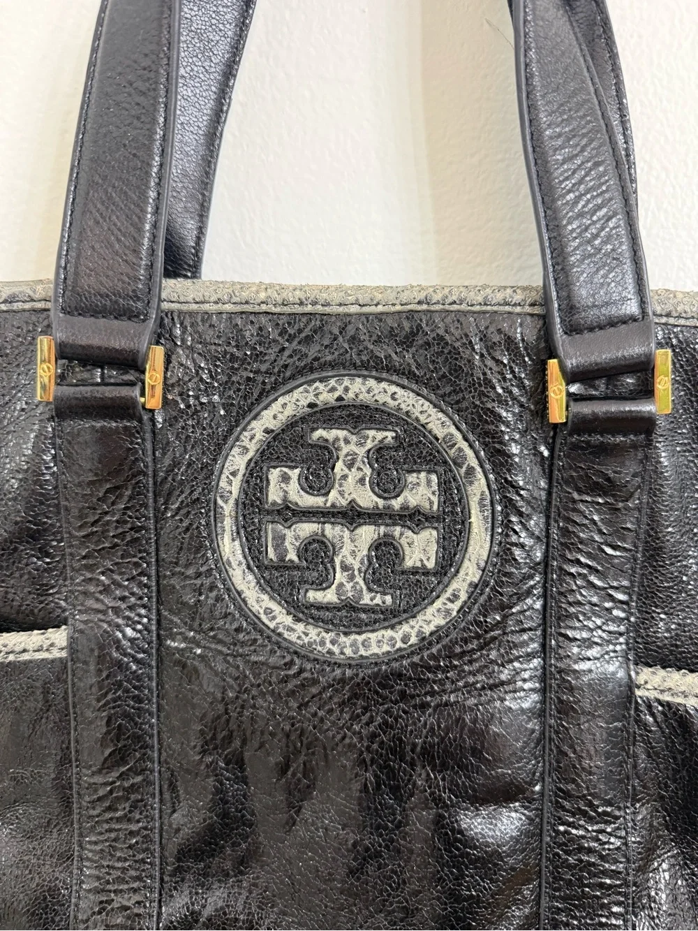 Tory Burch Black Leather Tote with Gray Trim and Logo